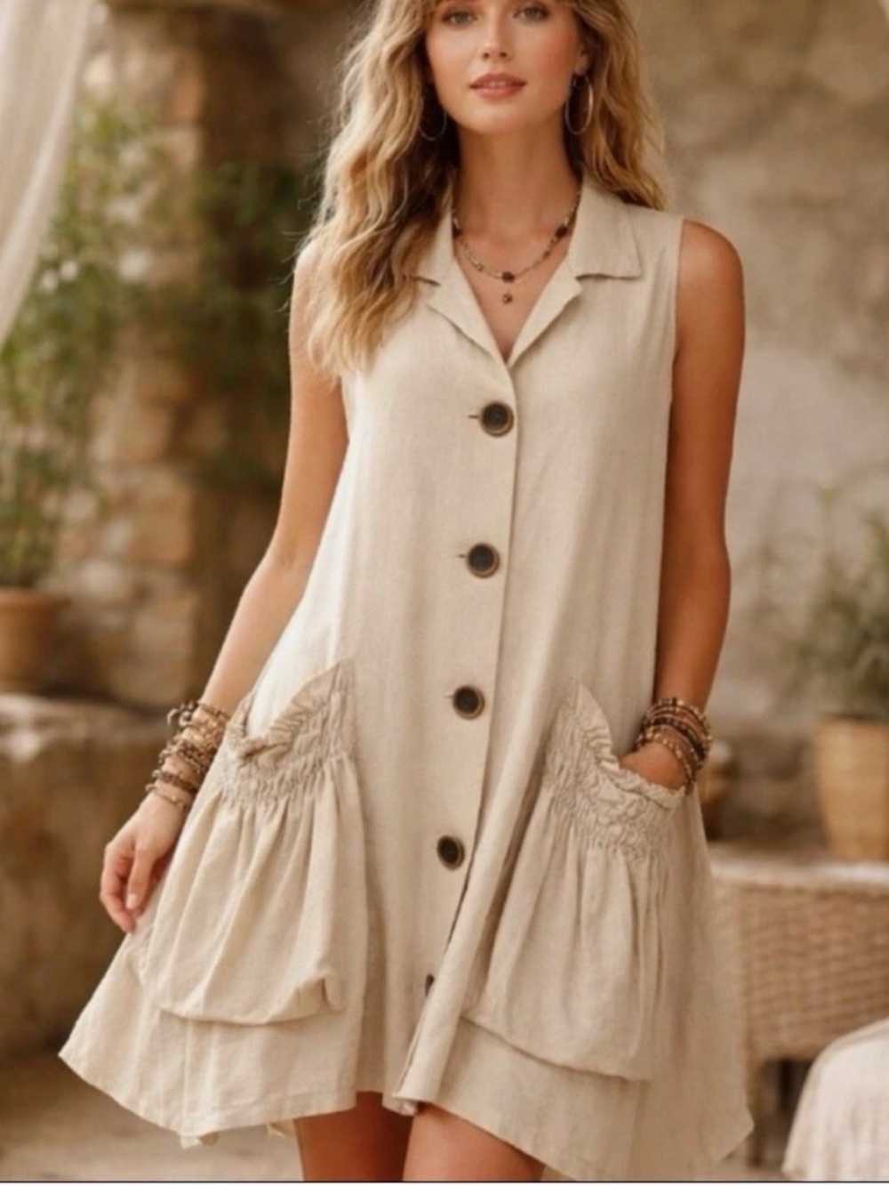 ForCynthia Linen Blend Shirt Dress Asymmetrical Hem Button Up Lagenlook XS